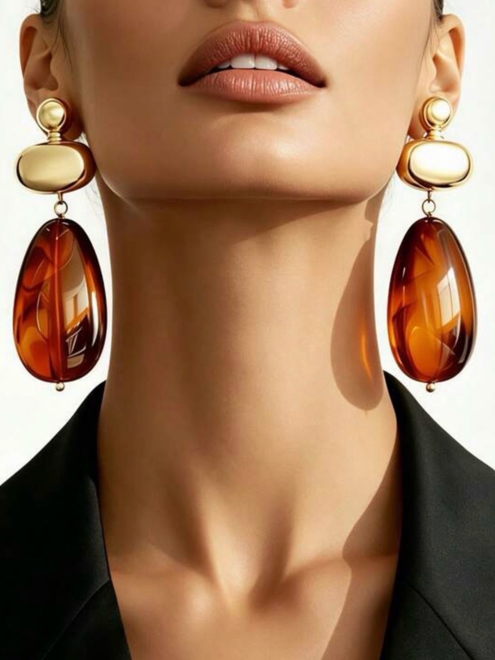 Gold Tone Amber Brown Oval Drop
Statement Earrings - Picture 3 of 4